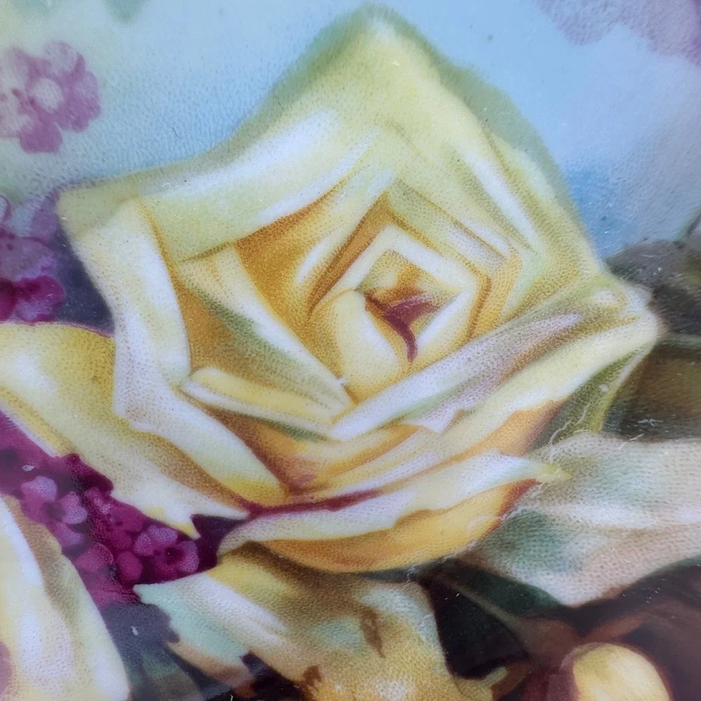 J&C Louise Bavaria Antique Porcelain Cake Plate Yellow Roses Gold Gilt Signed